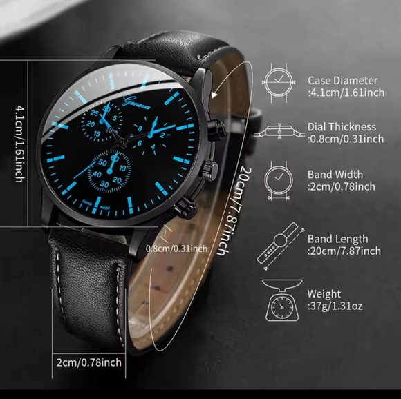 Men's Watch Bracelet Set Leather Necklace Black New f35 - Picture 4 of 6